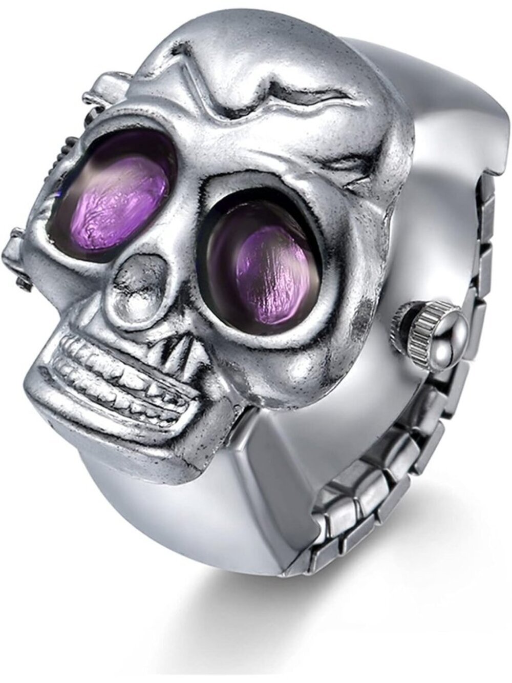 Unisex Silver Purple Analog Punk Skull Flip-Open Adjustable Finger Ring Watch